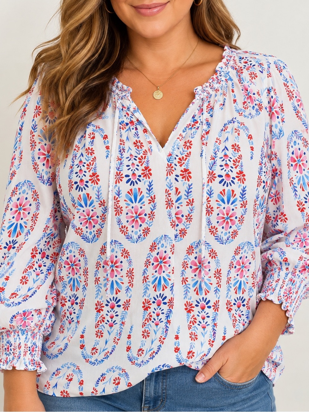 Talbots Floral Print Peasant Blouse – Blue Red Pink Boho Long Sleeve